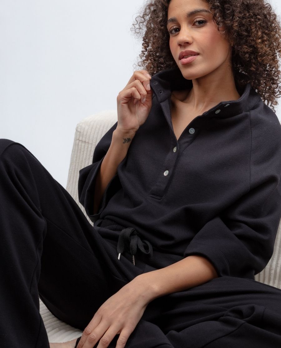 Womens Black Lounge Half Button Sweatshirt and Joggers Set