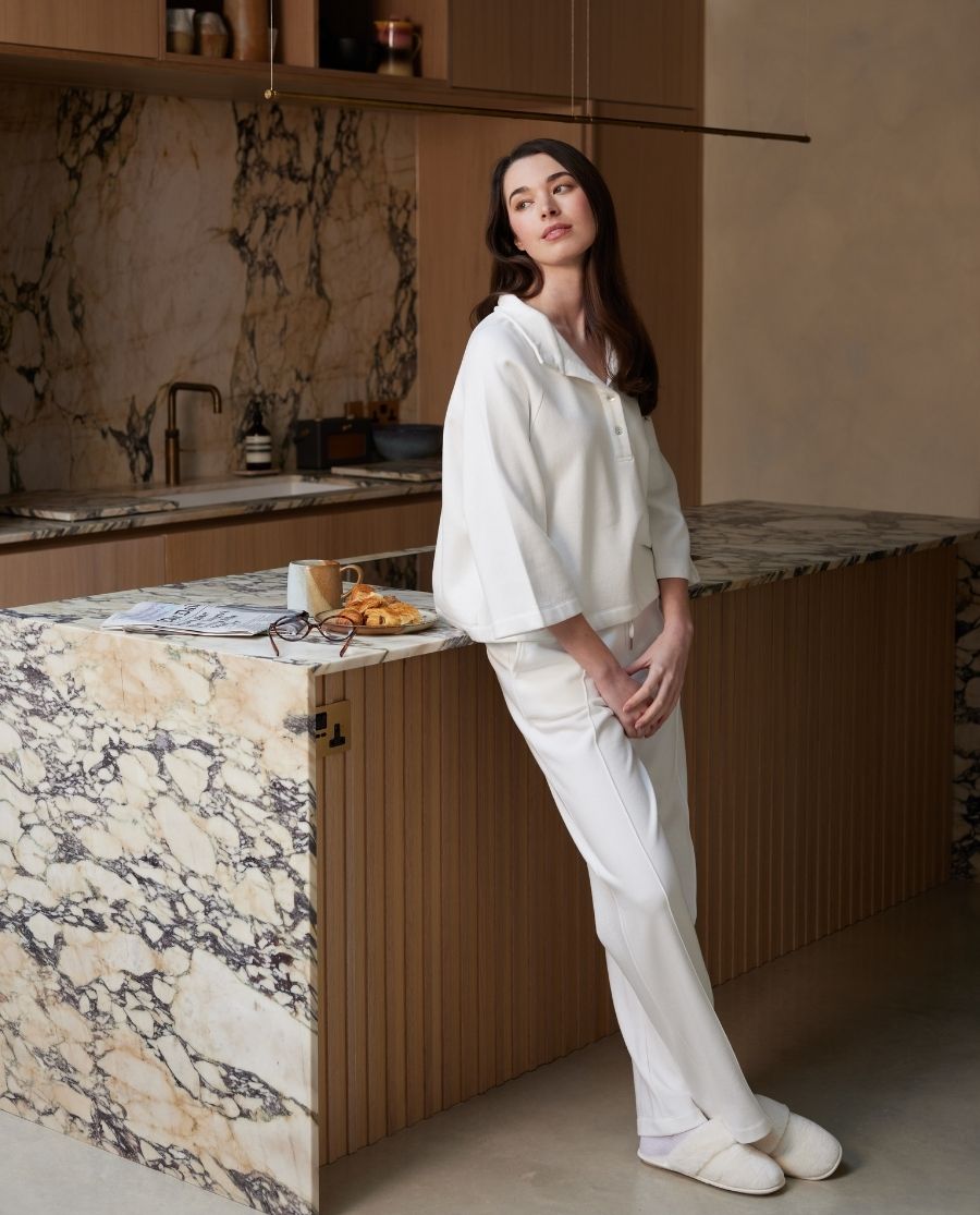 Womens White Lounge Half-Button Sweatshirt and Joggers Set