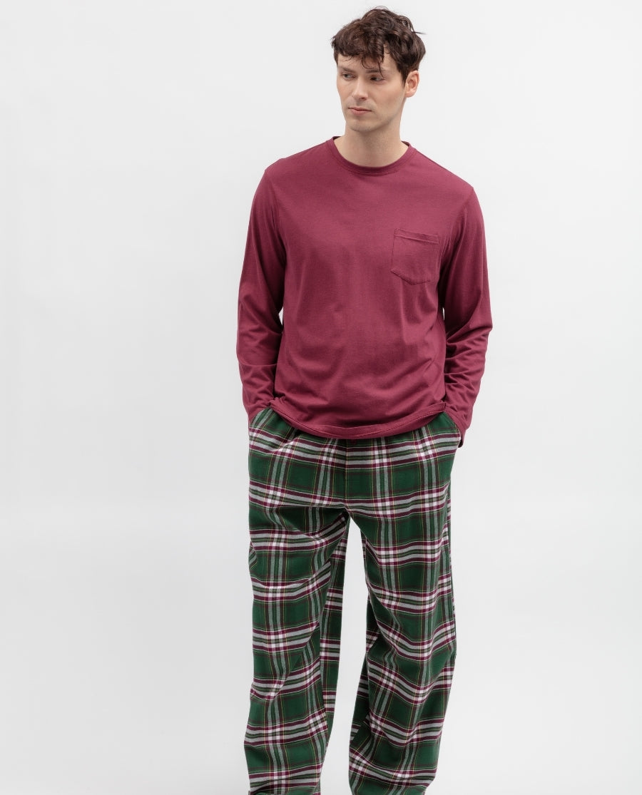 Mens Long Sleeve Jersey T-shirt and Green Brushed Check Pant