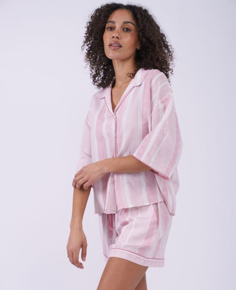 The Linen Edit Womens Printed Stripe Relaxed Shorty Set