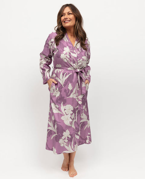 Reena Robe de chambre longue avec bordure en dentelle et imprimé floral pour femme