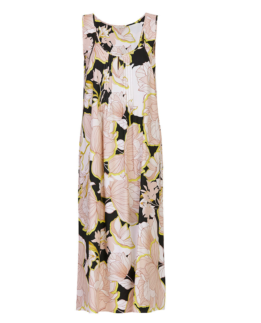 فستان نوم طويل مطبوع عليه زهور مزين بدانتيل للنساء من كارولين