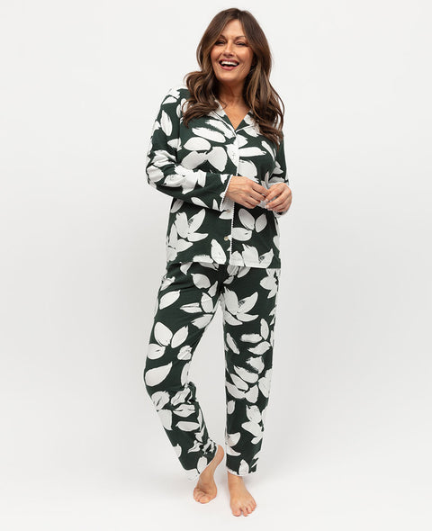 Anne Ensemble de pyjama en jersey imprimé feuilles avec bordure en dentelle pour femme