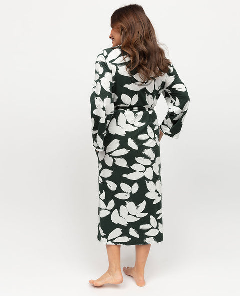 Anne Womens Lace Trim Leaf Printed Jersey Long Dressing Gown