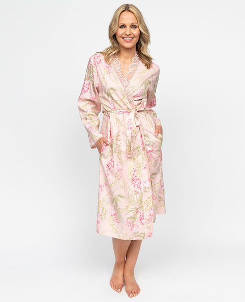 Robe de chambre mi-longue à imprimé floral et détails en dentelle pour femme Sally