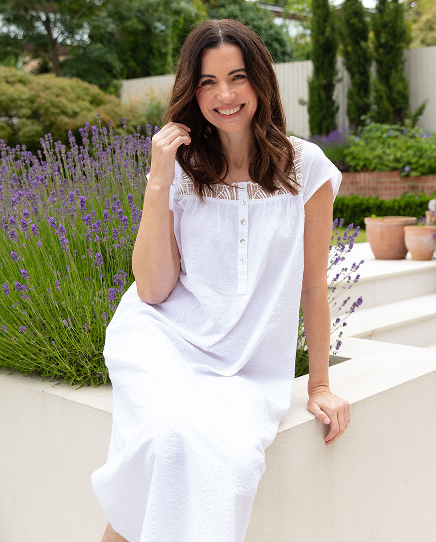Christina Womens Lace Detail Seersucker Long Nightdress