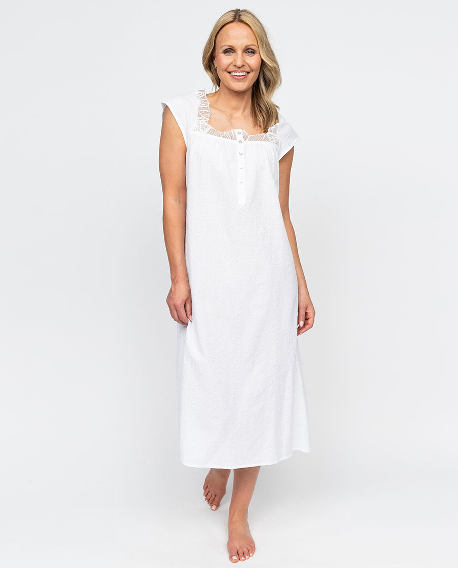 Christina Womens Lace Detail Seersucker Long Nightdress