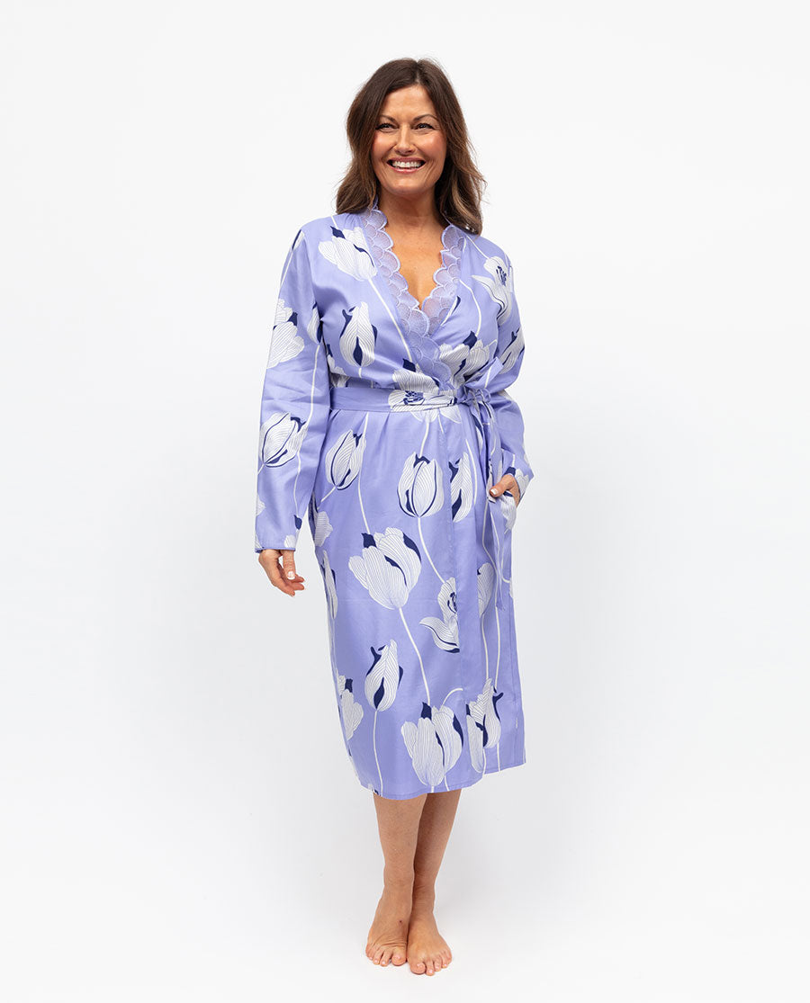 Angelina Womens Lace Detail Floral Print Midi Dressing Gown
