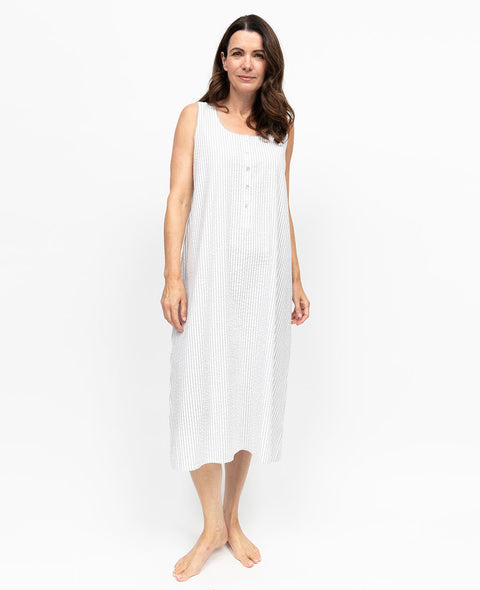 Willow Womens Lace Trim Seersucker Stripe Long Nightdress