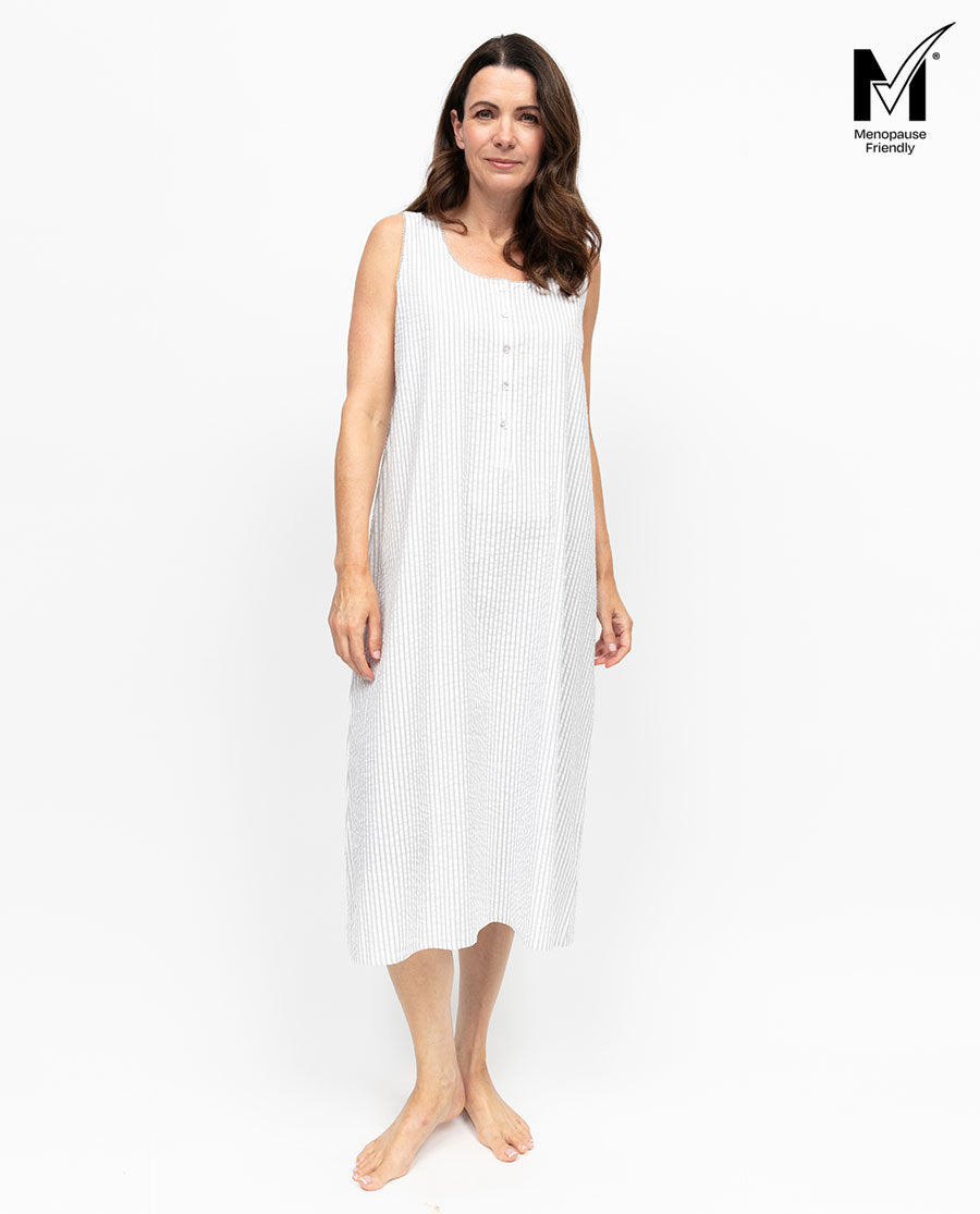 Willow Womens Lace Trim Seersucker Stripe Long Nightdress