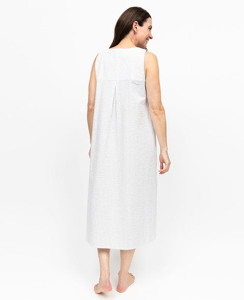 Willow Womens Lace Trim Seersucker Stripe Long Nightdress