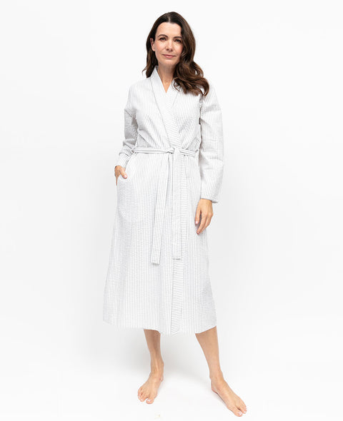 Willow Womens Lace Trim Seersucker Stripe Long Dressing Gown