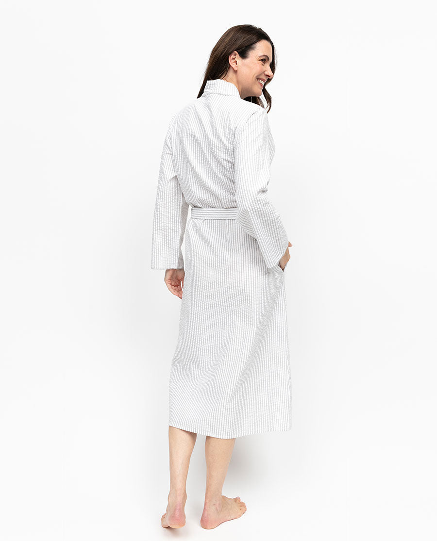 Willow Womens Lace Trim Seersucker Stripe Long Dressing Gown