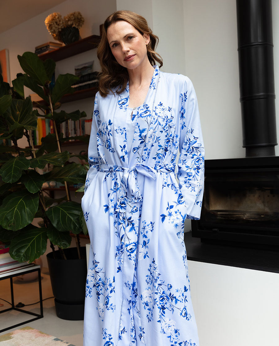 Lucy Womens Lace Detail Floral Print Long Dressing Gown