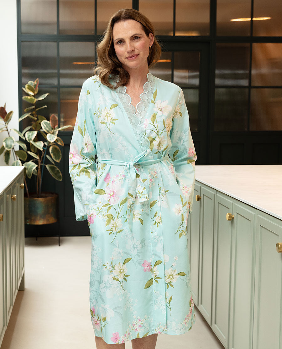 Juliette Womens Lace Detail Floral Print Midi Dressing Gown