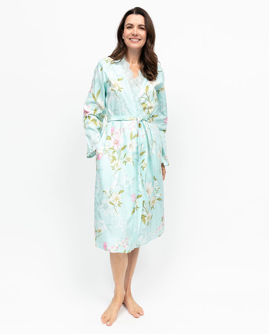 Juliette Womens Lace Detail Floral Print Midi Dressing Gown