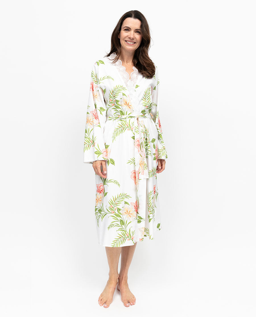 Aimee Womens Scalloped Lace Floral Print Midi Dressing Gown