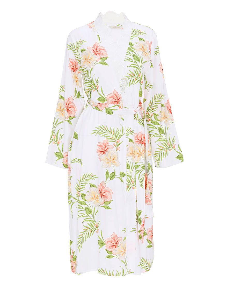 Aimee Womens Scalloped Lace Floral Print Midi Dressing Gown