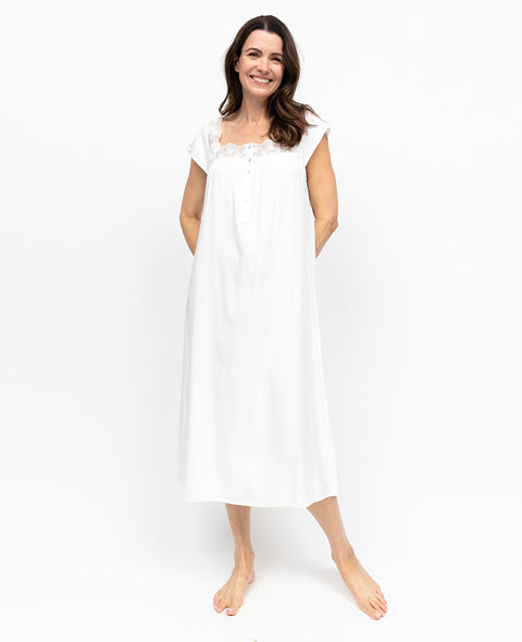 Aimee Womens Lace Trim Shadow Stripe Long Nightdress