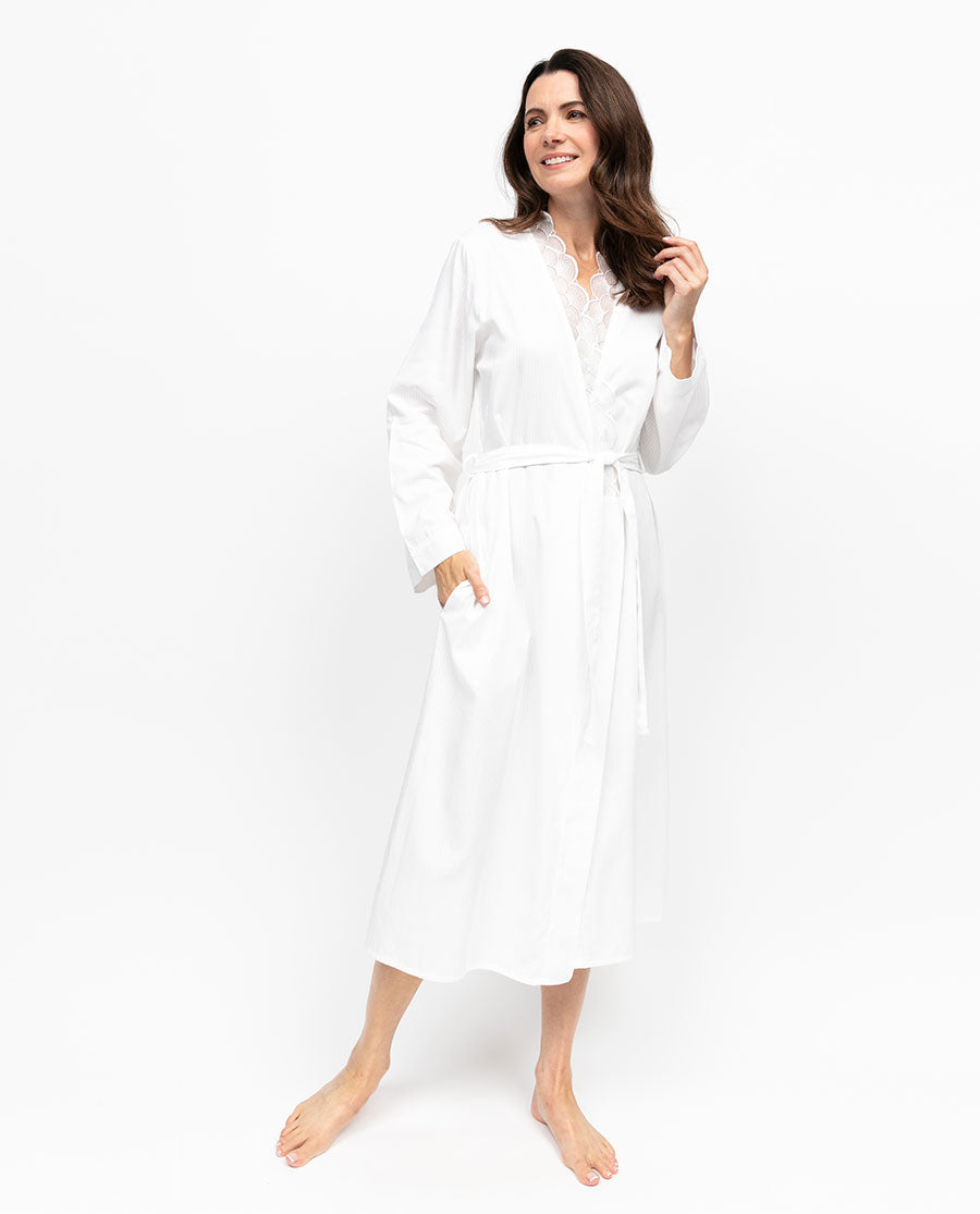 Aimee Womens Lace Trim Shadow Stripe Long Dressing Gown