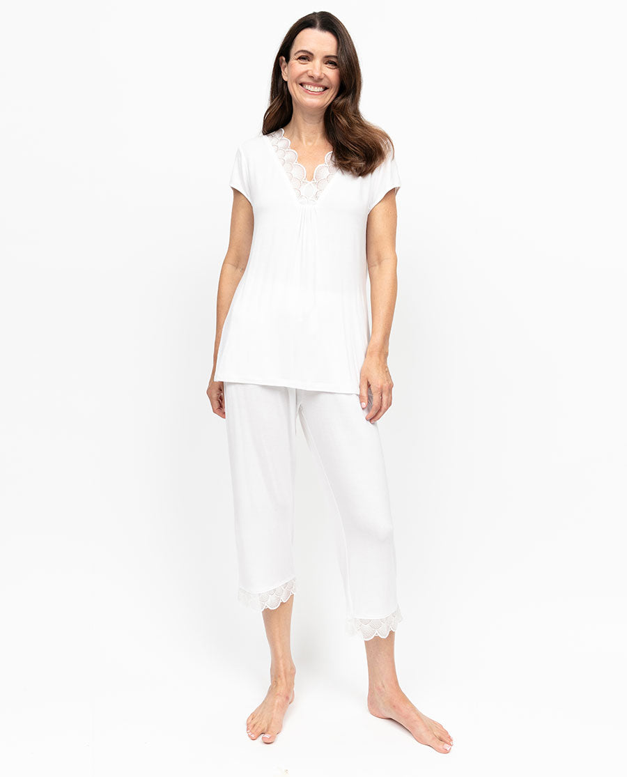 Aimee Womens Scalloped Lace Jersey Cropped Pyjama Set