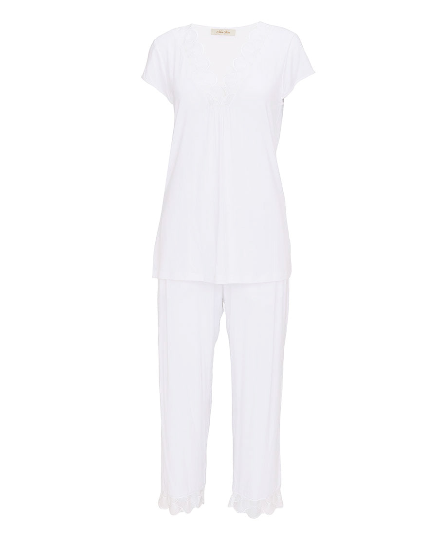 Aimee Womens Scalloped Lace Jersey Cropped Pyjama Set