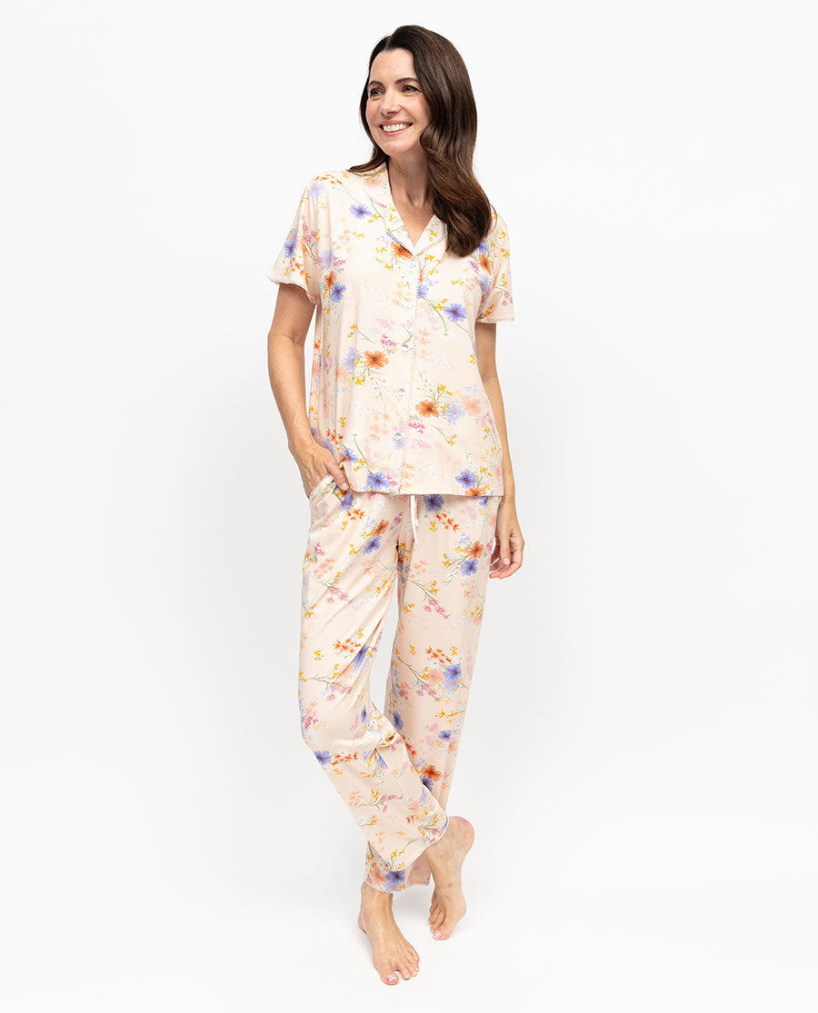 Samantha Womens Lace Trim Floral Printed Jersey Pyjama Set