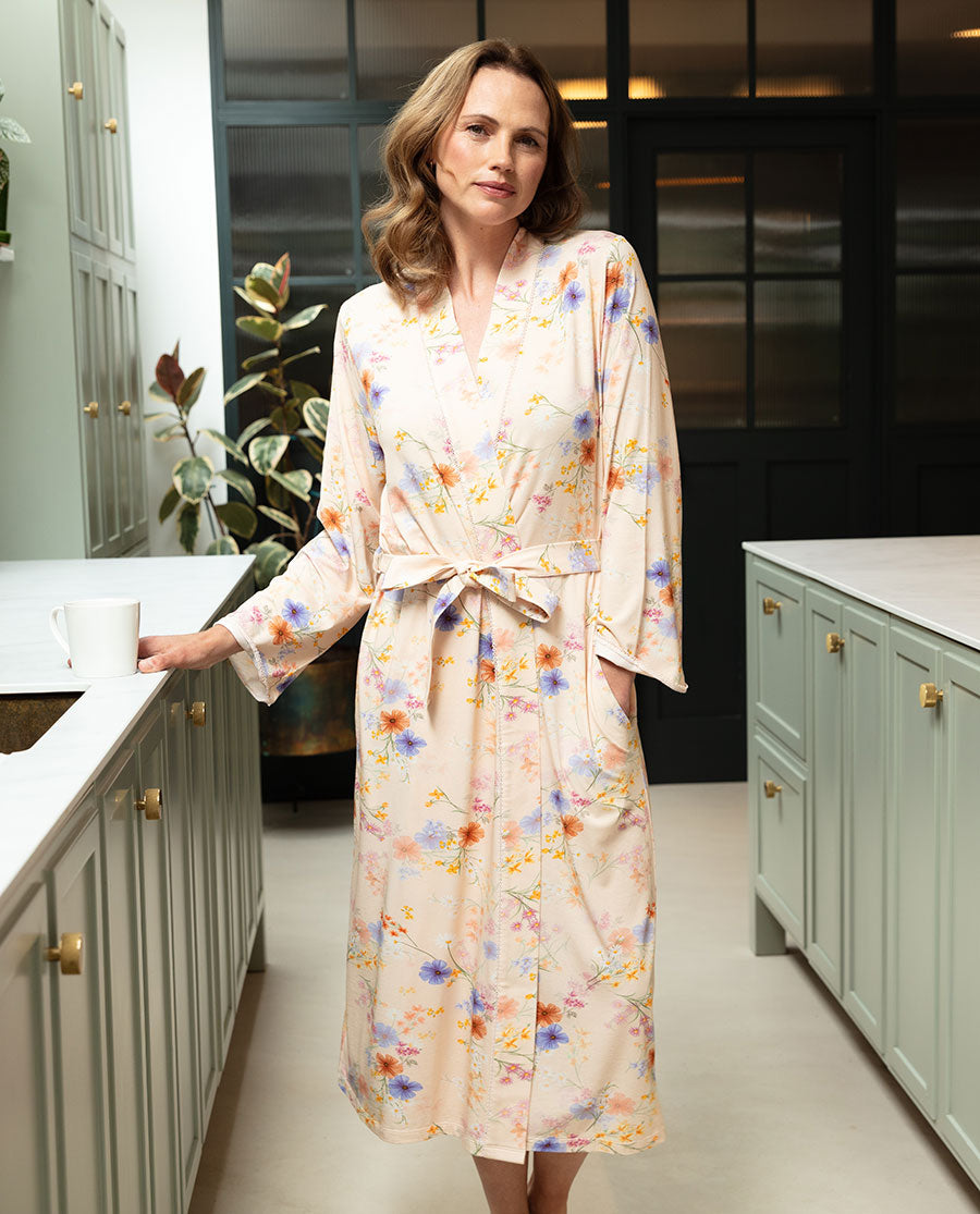 Samantha Womens Lace Trim Floral Printed Jersey Long Dressing Gown