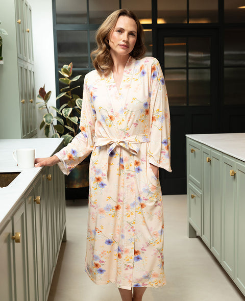 Samantha Womens Lace Detail Floral Printed Jersey Long Dressing Gown
