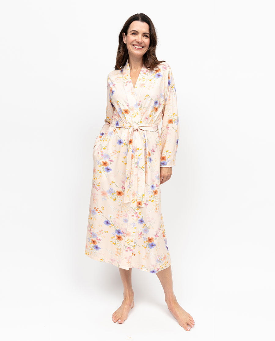 Samantha Womens Lace Trim Floral Printed Jersey Long Dressing Gown