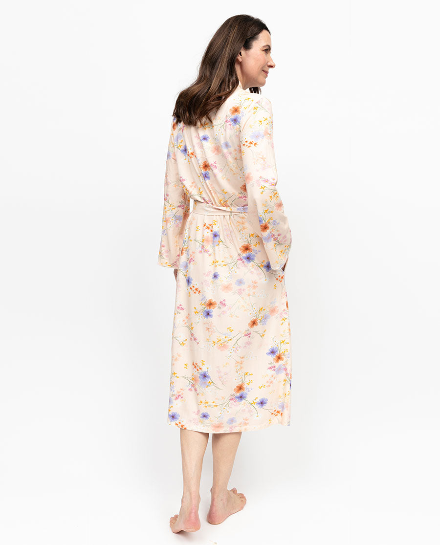 Samantha Womens Lace Trim Floral Printed Jersey Long Dressing Gown