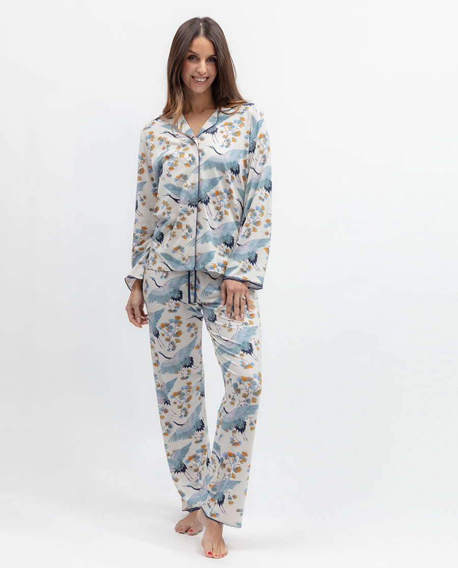 Serene Womens Lace Trim Bird Printed Jersey Pyjama Set
