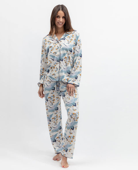 Serene Womens Lace Trim Bird Printed Jersey Pyjama Set