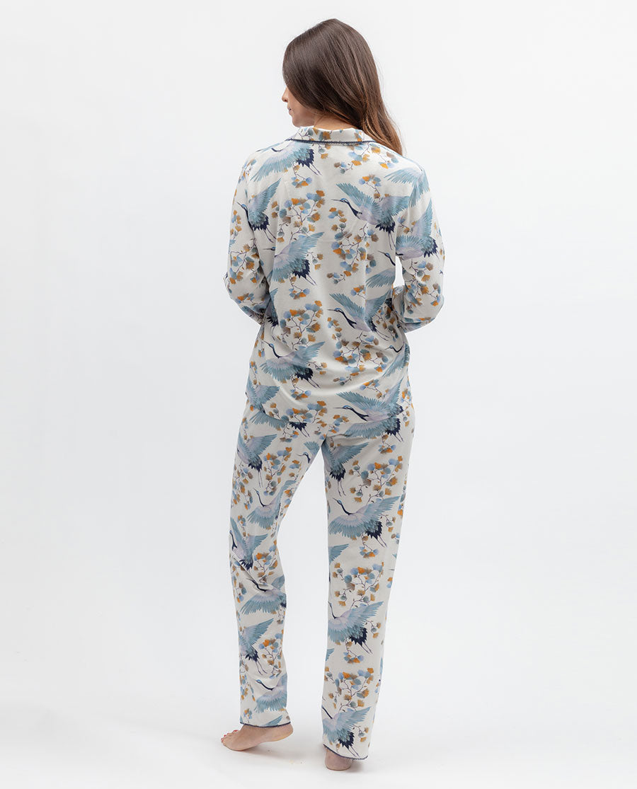 Serene Womens Lace Trim Bird Printed Jersey Pyjama Set