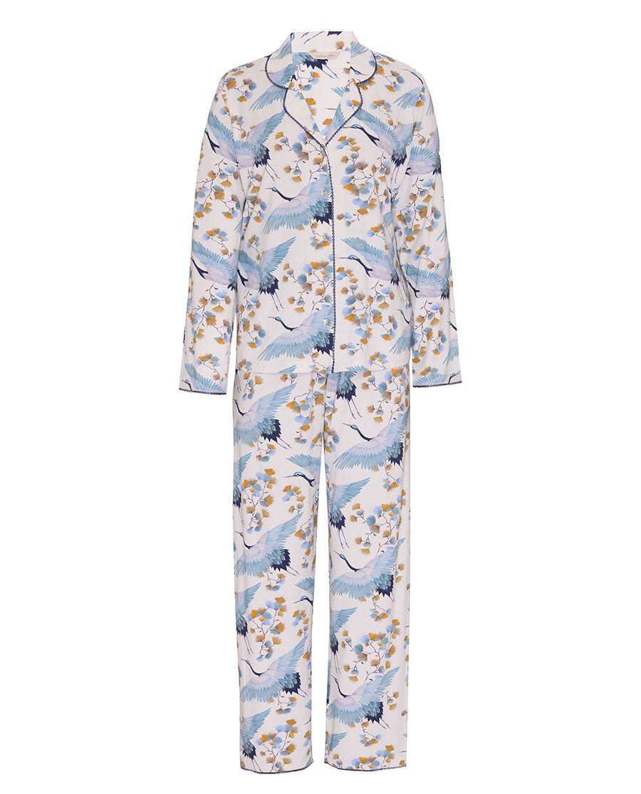 Serene Womens Lace Trim Bird Printed Jersey Pyjama Set