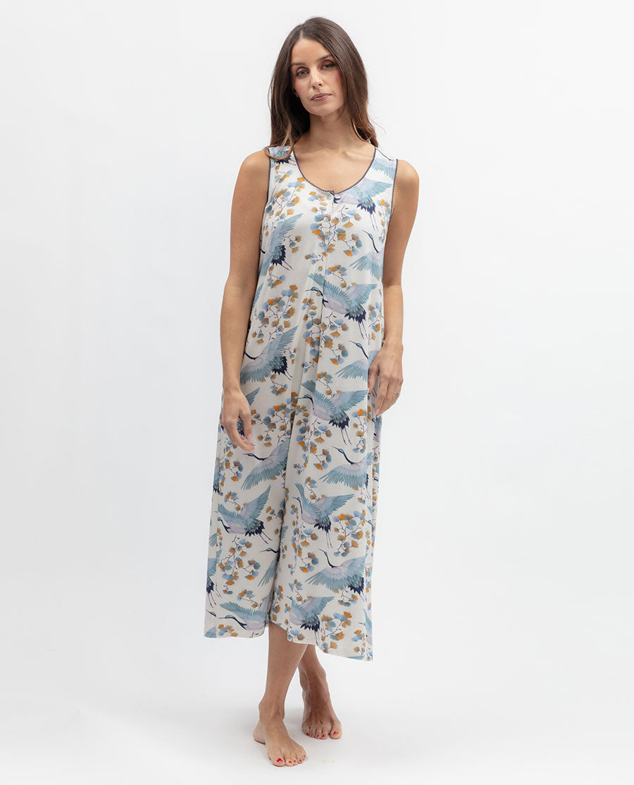 Serene Womens Lace Trim Bird Printed Jersey Long Nightdress