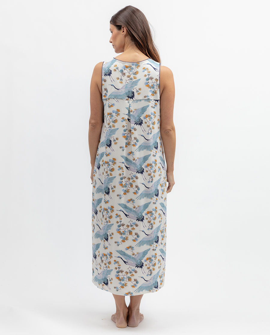 Serene Womens Lace Trim Bird Printed Jersey Long Nightdress