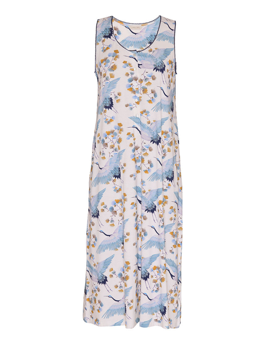 Serene Womens Lace Trim Bird Printed Jersey Long Nightdress
