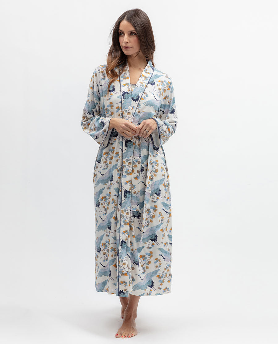 Serene Womens Lace Trim Bird Printed Jersey Long Dressing Gown