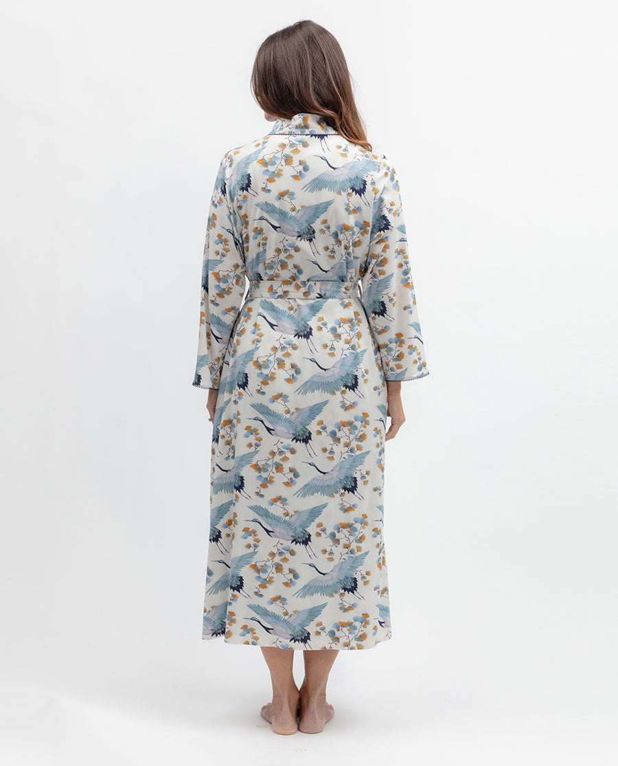 Serene Womens Lace Trim Bird Printed Jersey Long Dressing Gown