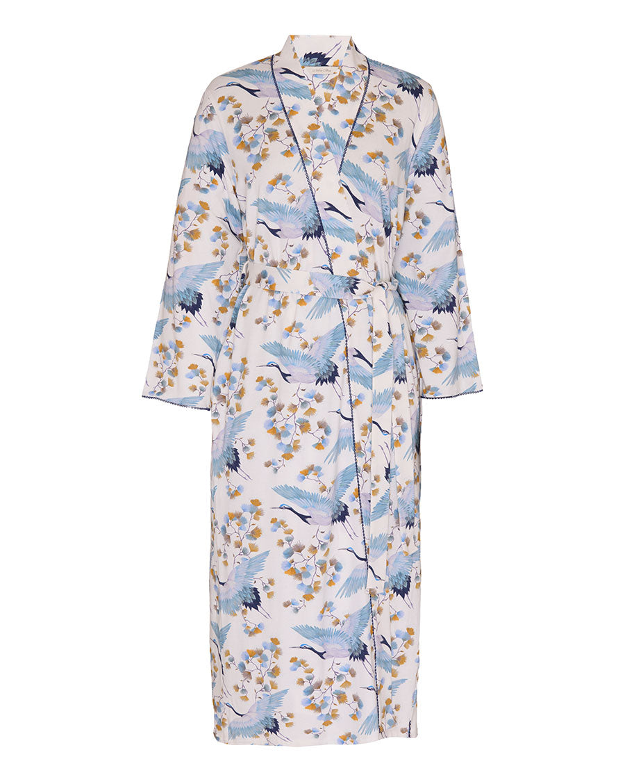 Serene Womens Lace Trim Bird Printed Jersey Long Dressing Gown