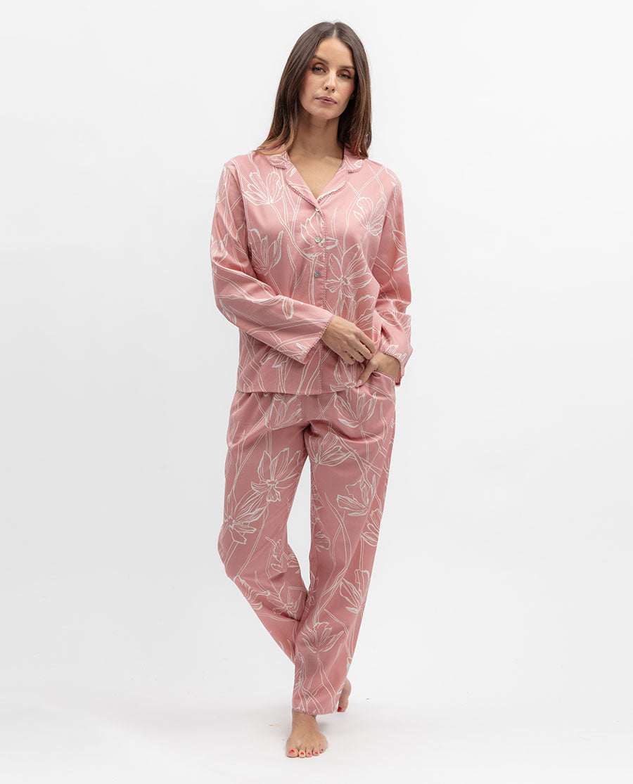 Flowered Field Womens Lace Trim Floral Print Pyjama Set
