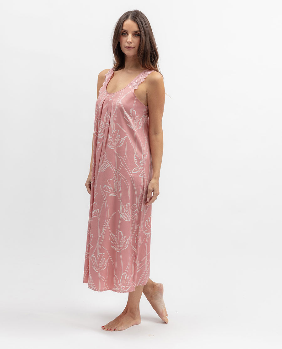 Flowered Field Womens Lace Detail Floral Print Long Nightdress