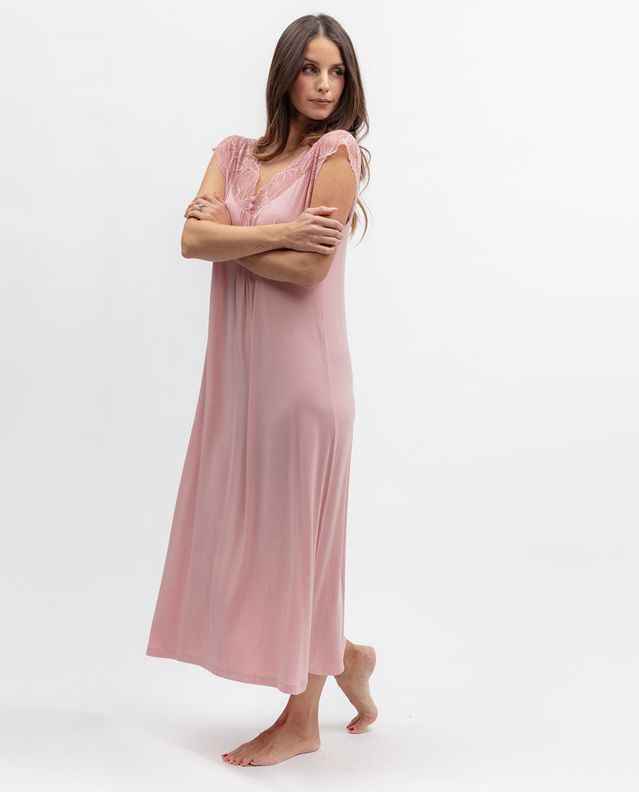 Flowered Field Womens Lace Detail Jersey Long Nightdress