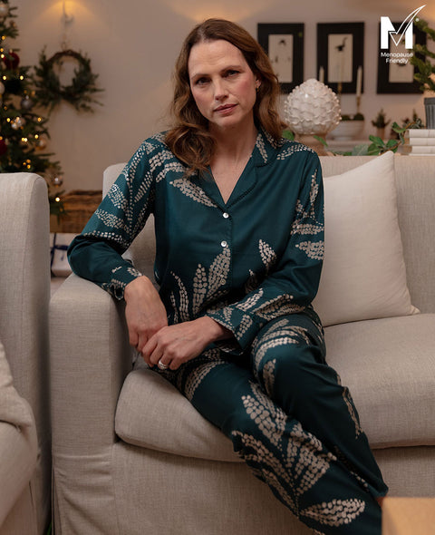 Aurelle Womens Lace Detail Leaf Print Pyjama Set