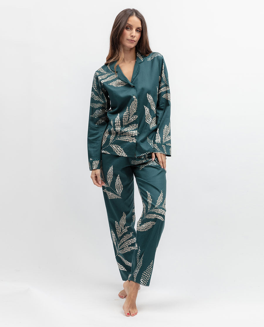 Aurelle Womens Lace Detail Leaf Print Pyjama Set