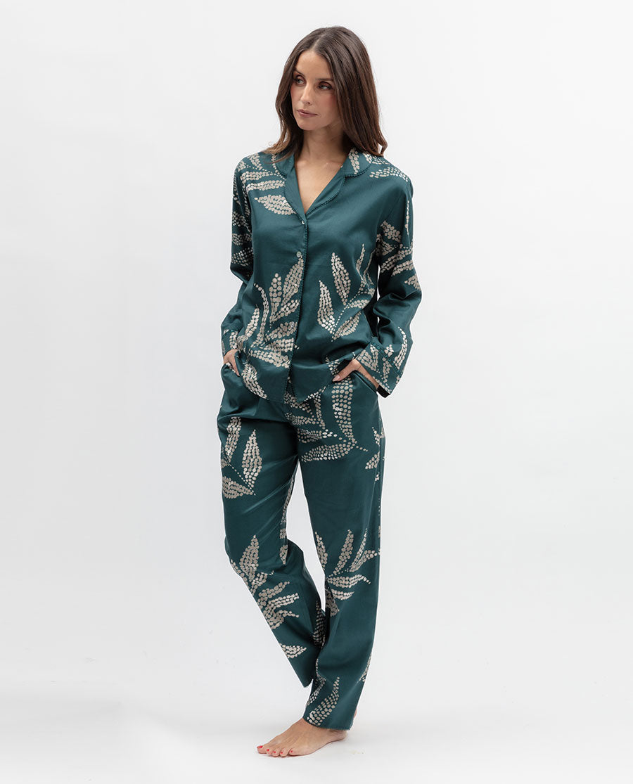 Womens Teal Lace Detail Leaf Print Pyjama Set