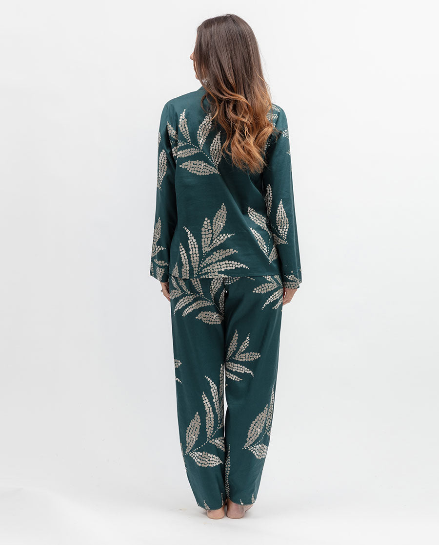 Womens Teal Lace Detail Leaf Print Pyjama Set