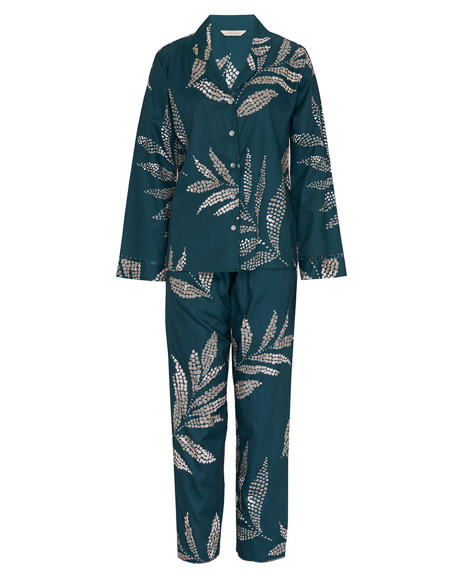 Womens Teal Lace Detail Leaf Print Pyjama Set