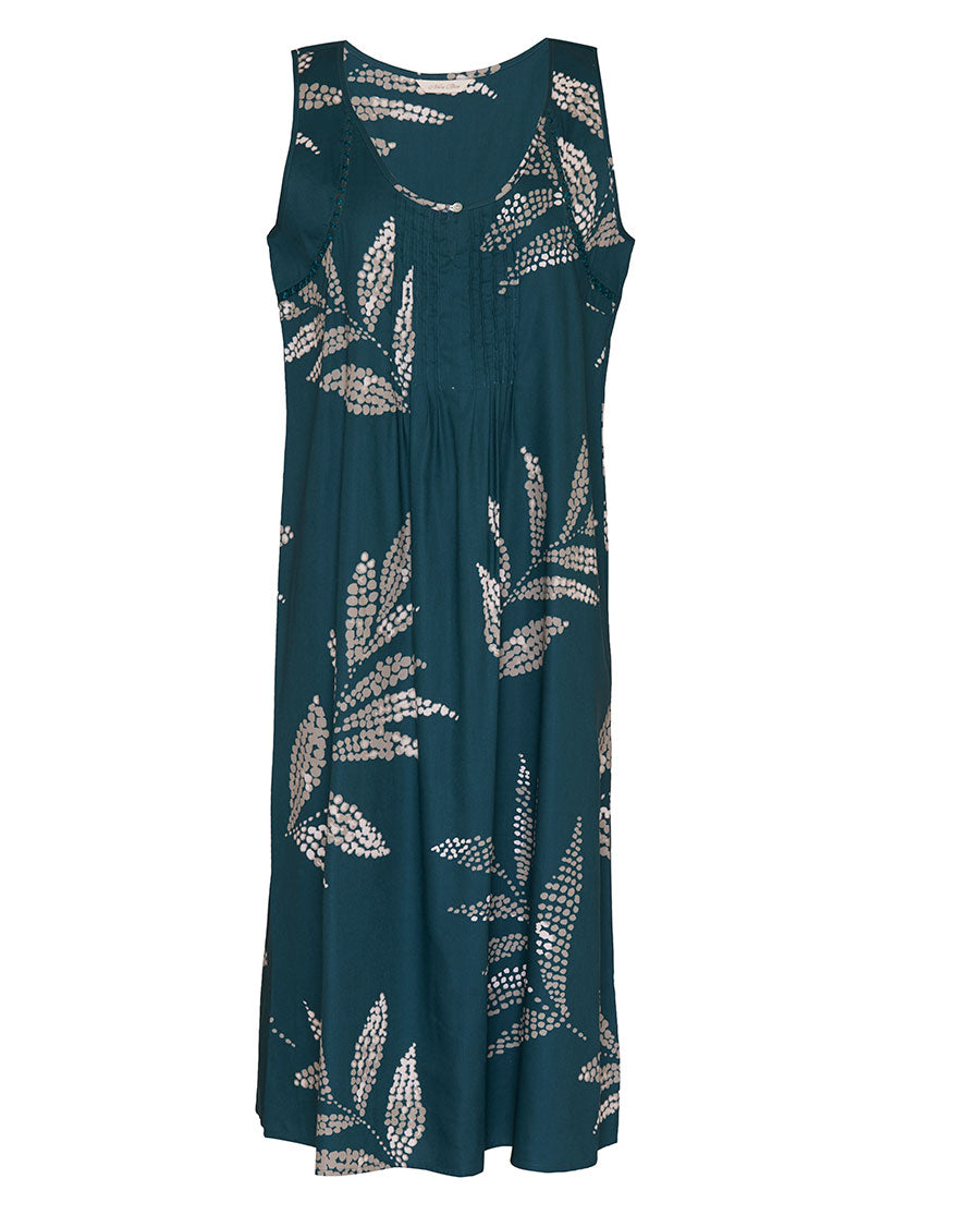 Womens Teal Lace Detail Leaf Print Long Nightdress